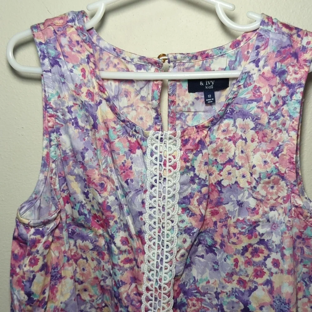 Crown & Ivy Floral Sleeveless Dress with Lace Detail 100% Cotton Girls Size 12